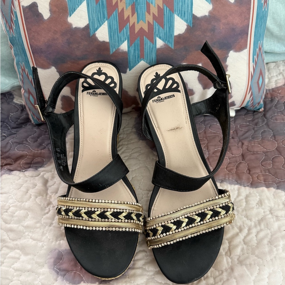 Fergalicious Black and Gold Strappy Heels - Look at description for size info